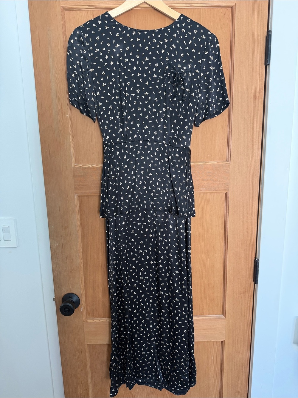Vintage 1990’s peplum silky Black Maxi Dress with Cream Floral Motif
